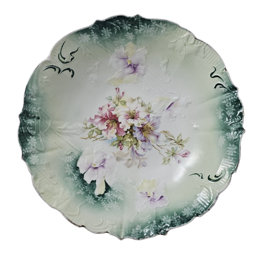 RS Prussia Porcelain Bowl Teal Rim Mold 32 Floral Pattern