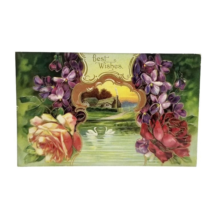 Greetings Postcard Best Wishes Roses Swans Lake House Scene Gel Finish