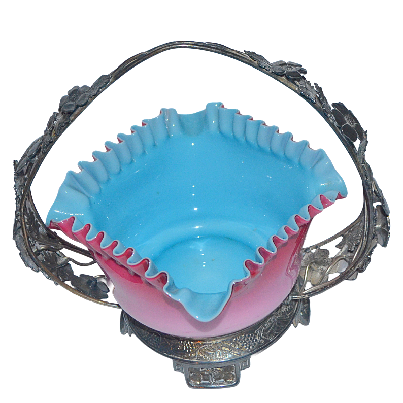 Mt Washington Pairpoint Peachblow Blue Cased Art Glass Bride's Basket