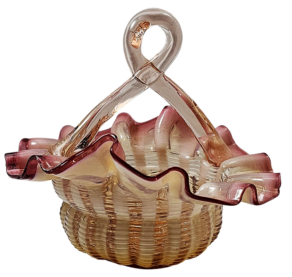 Victorian Stevens Williams Art Glass Miniature Pink Opalescent Stripe Basket