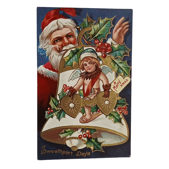 Christmas Postcard Gold Embossed Bell Santa Claus & Elf Sweetheart Series 1