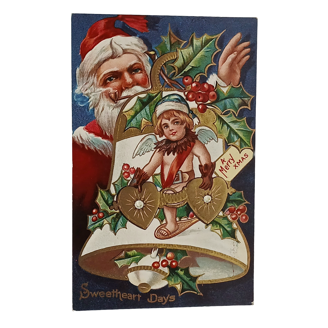 Christmas Postcard Gold Embossed Bell Santa Claus & Elf Sweetheart Series 1