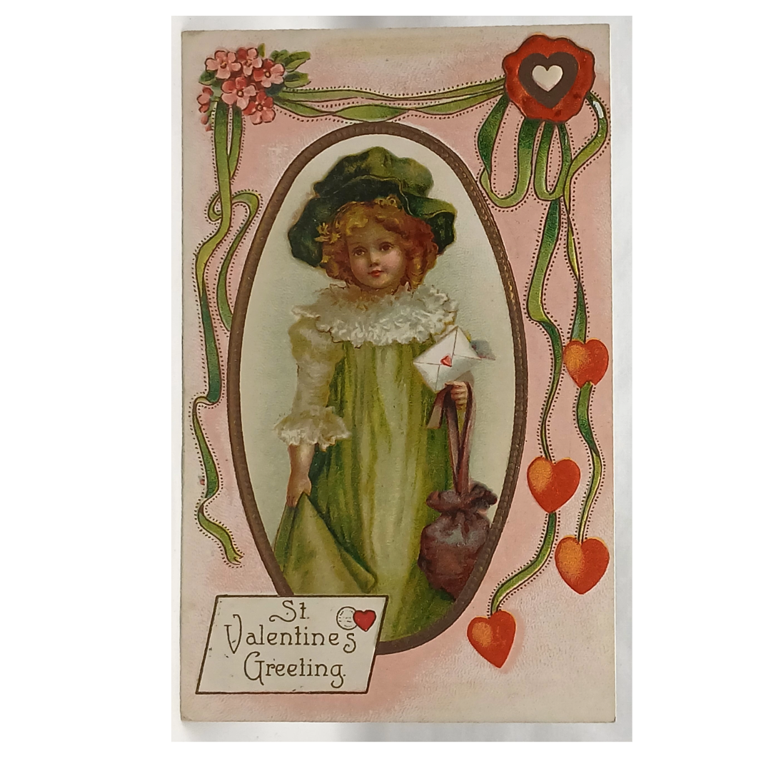 Antique Vintage Valentine Postcard, Little Girl in Green Gown Red Hearts Embossed Card