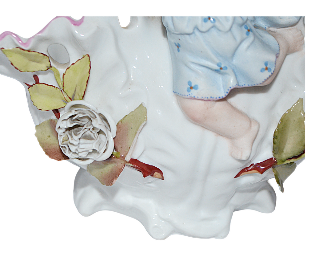Large Antique Sitzendorf Porcelain Floral Encrusted Cherub Putti Basket