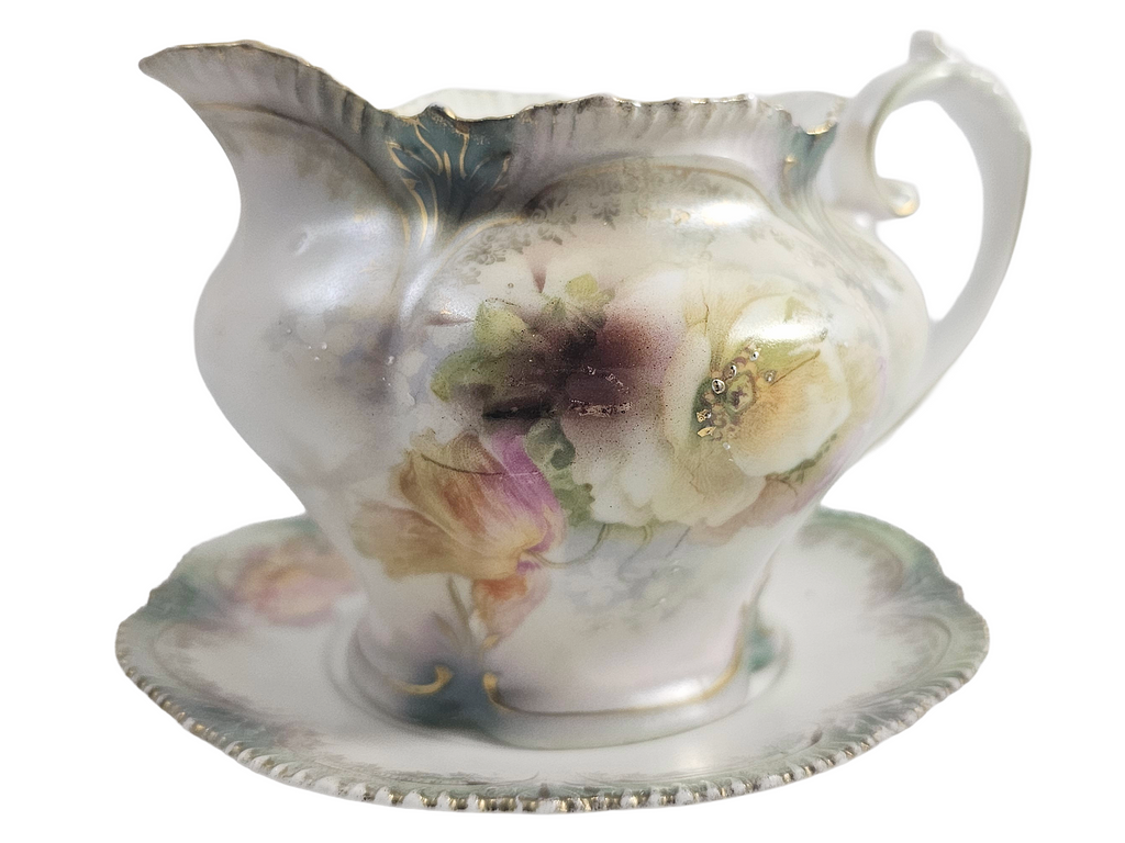 RS Prussia German Porcelain Open Floral Creamer Saucer w/ Tiffany Finish