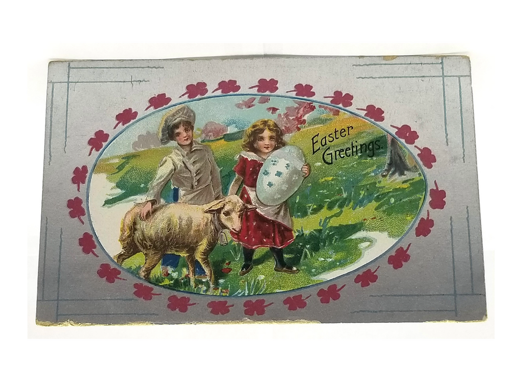 Antique Vintage German Easter Postcard, Children in Grassy Field with Lamb and Giant Painted Egg Silver Background