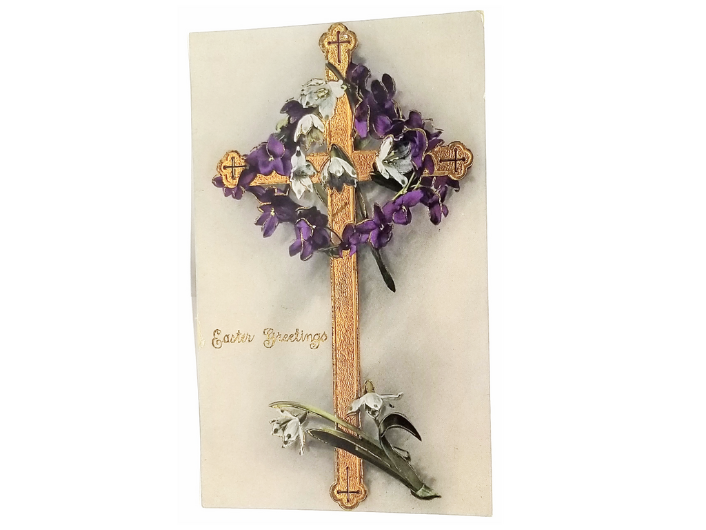 Antique Vintage Easter Postcard, Gold Embossed Cross with Violet Floral Wreath