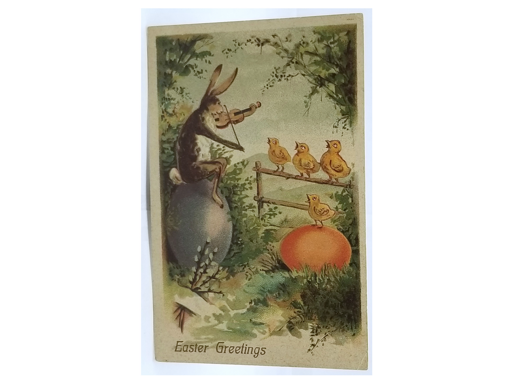 Antique Vintage Easter Postcard, Embossed German Card, Anthropomorphic Humanized Bunny Rabbit Playing Violin to Baby Chicks on Painted Eggs