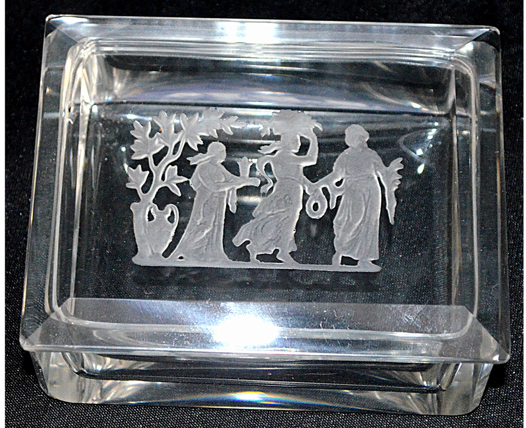 Antique Bohemian Glass Smoker's Box Three Graces Intaglio Cut Heinrich Hoffman