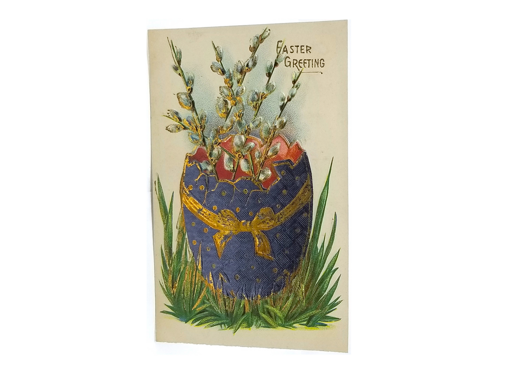 Antique Vintage Easter Postcard, Giant Painted Egg Filled with Pussy Willows Gold Highlights Series 142