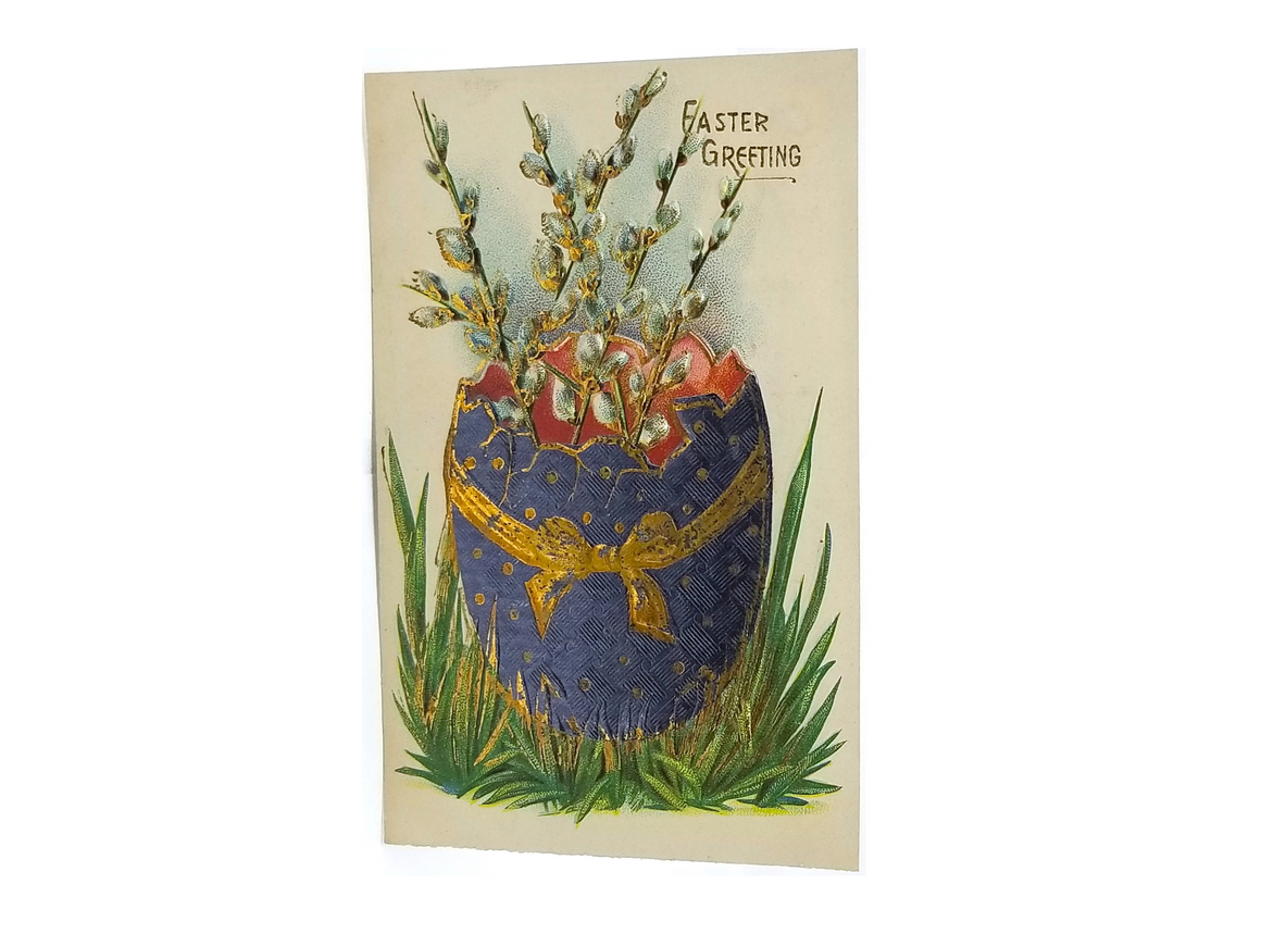 Antique Vintage Easter Postcard, Giant Painted Egg Filled with Pussy Willows Gold Highlights Series 142