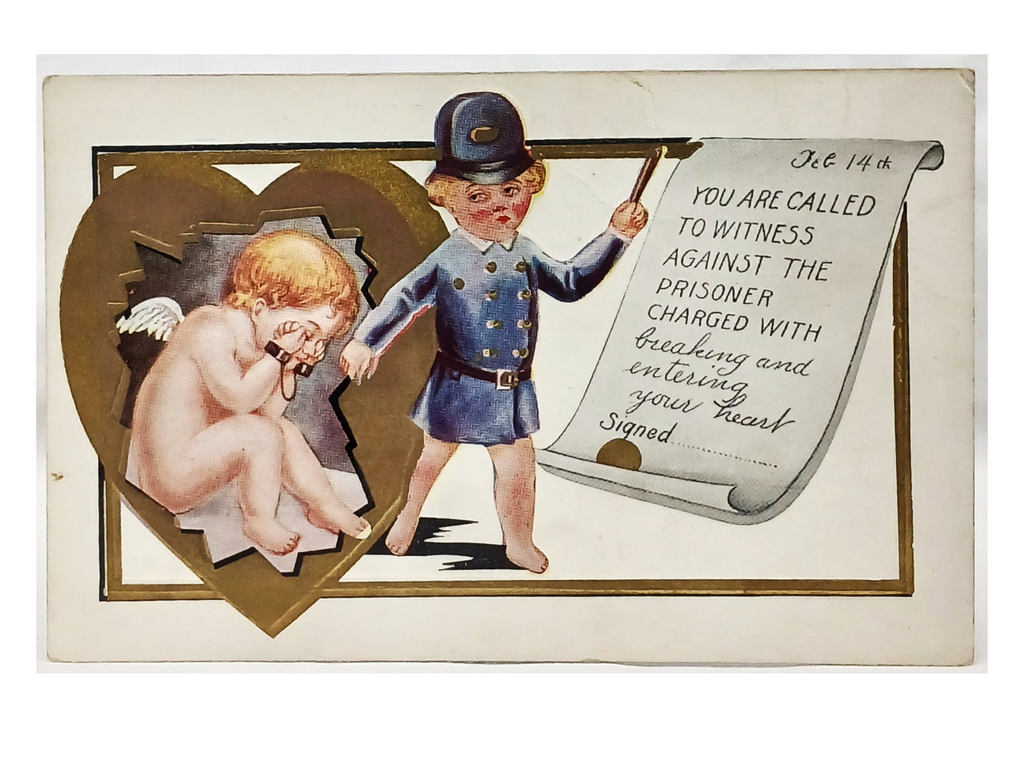 Antique Vintage Valentine Postcard, Little Boy as Police Officer Putting Cupid in Handcuffs Breaking and Entering Your Heart