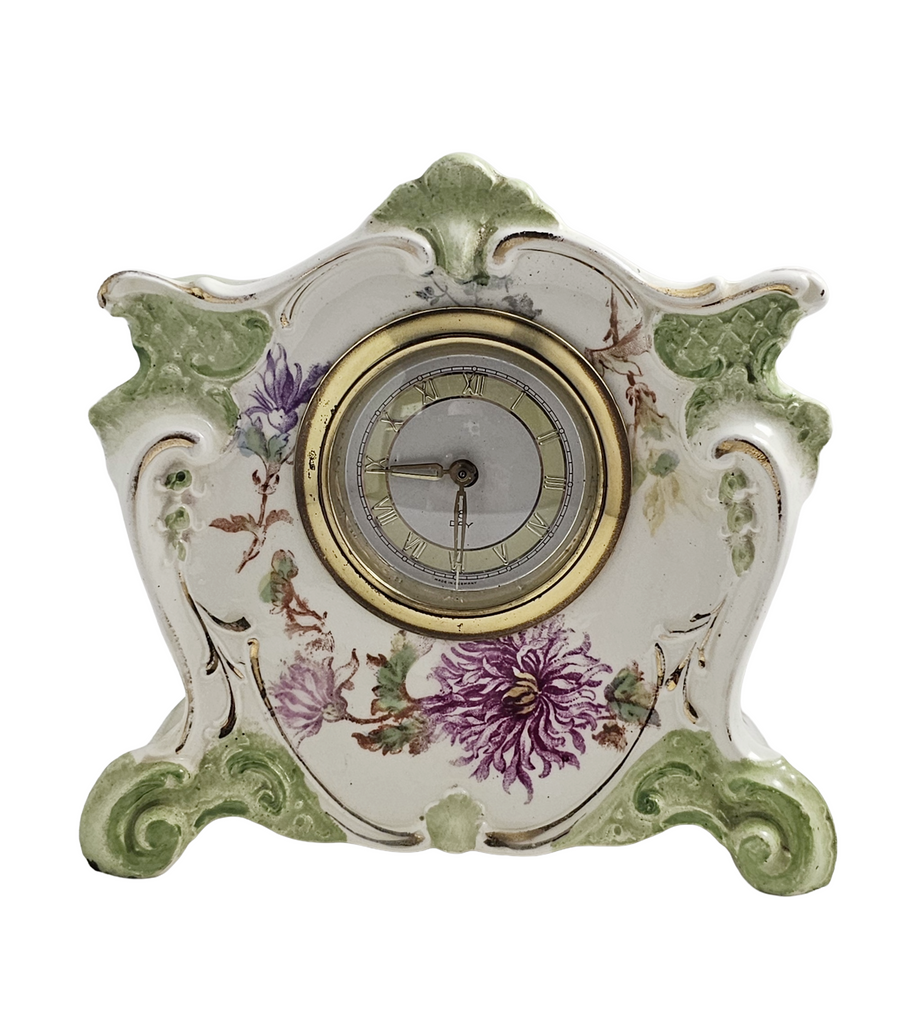 Antique Ornate German Floral Porcelain Eight Day Mantle Clock