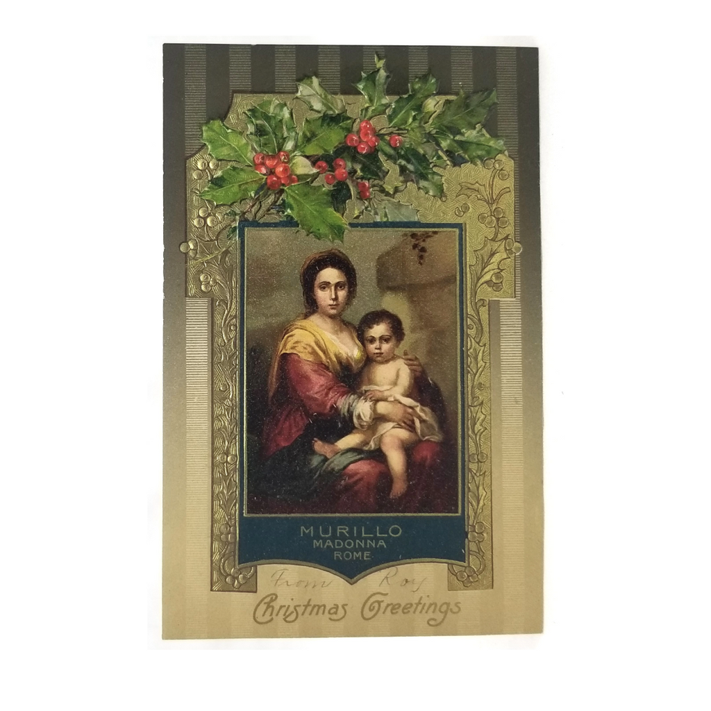 Vintage Christmas Postcard, Embossed Antique Religious Themed Card After Murillo Madonna & Child Winsch Pub