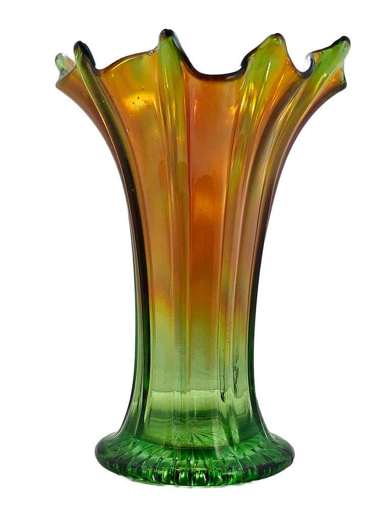 Antique Northwood Thin Ribbed Carnival Glass Vase, Marigold & Green Standard Swung Carnival Vase