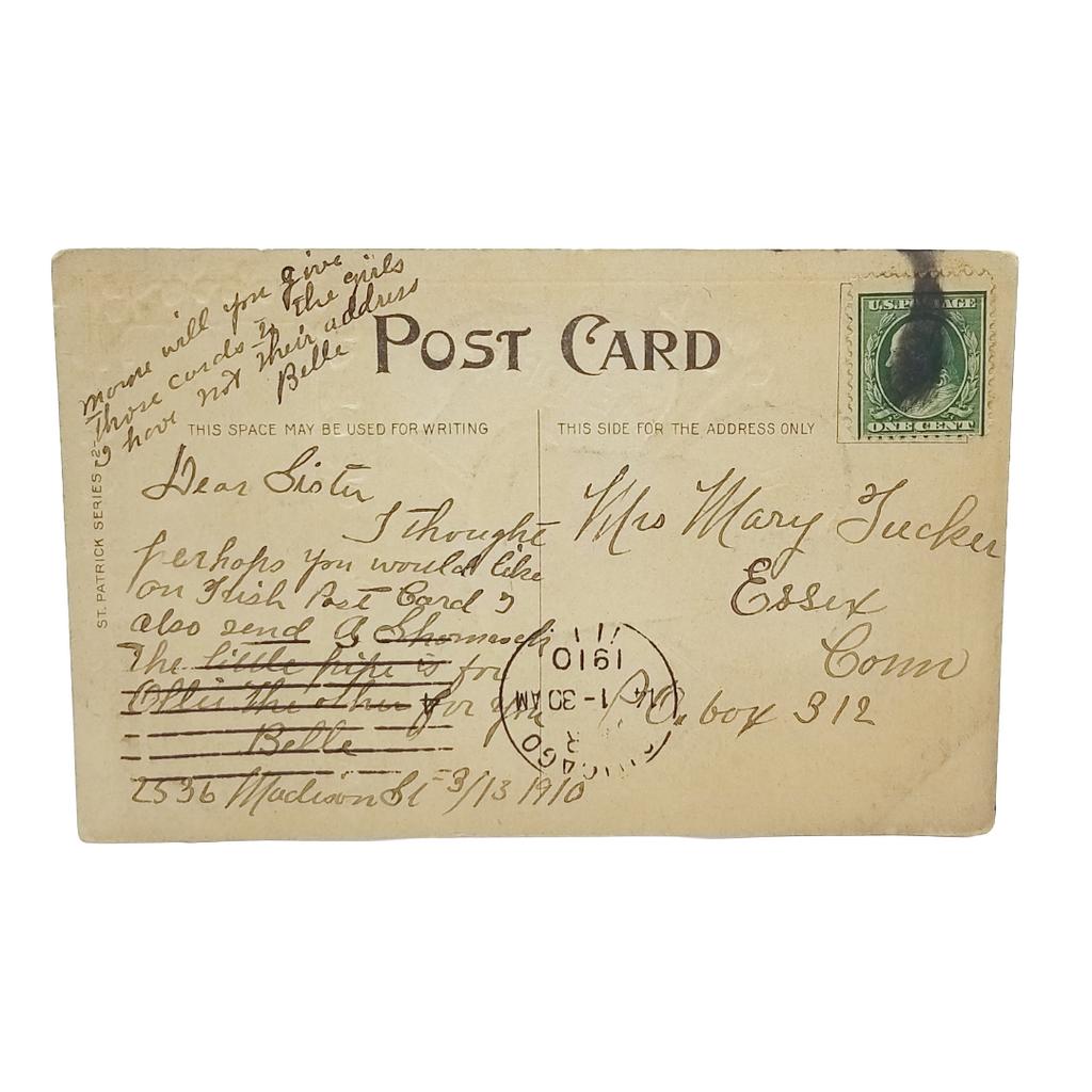 Vintage Saint Patrick's Day Postcard Hat w/Pipe in Gold Embossed Shamrock