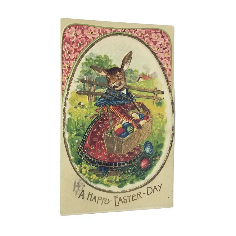 Easter Postcard Embossed Anthropomorphic Bunny Rabbit  w/ Basket of Eggs