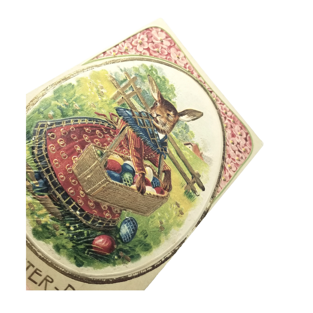 Easter Postcard Embossed Anthropomorphic Bunny Rabbit  w/ Basket of Eggs
