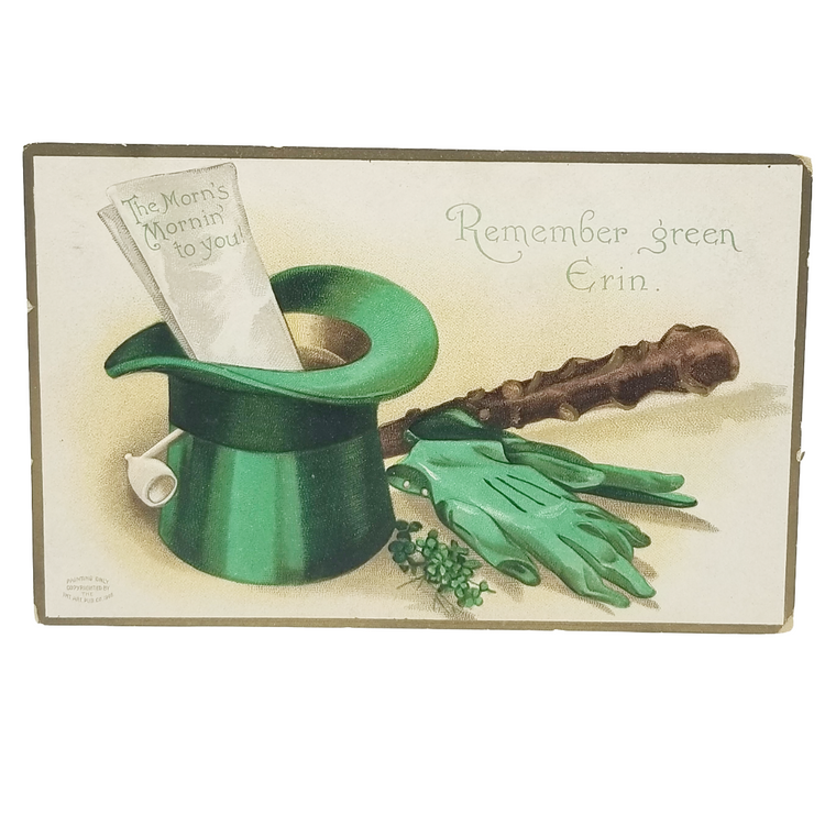 Vintage Clapsaddle Saint Patrick's Day Postcard Green Hat w/Gloves Pipe