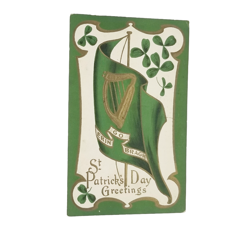Vintage Saint Patrick's Day Postcard Green Flag w/ Gold Harp Shamrock Clovers