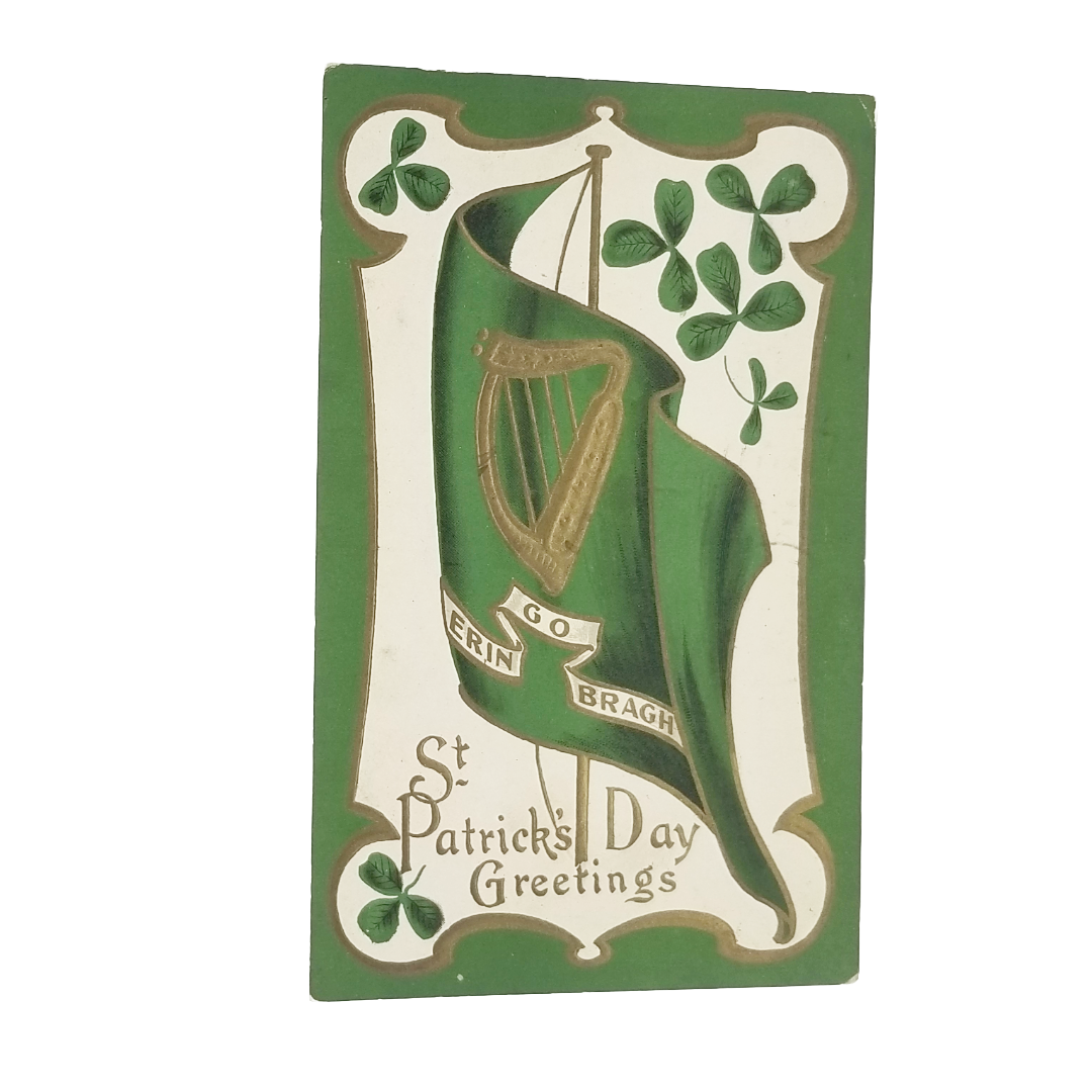 Vintage Saint Patrick's Day Postcard Green Flag w/ Gold Harp Shamrock Clovers