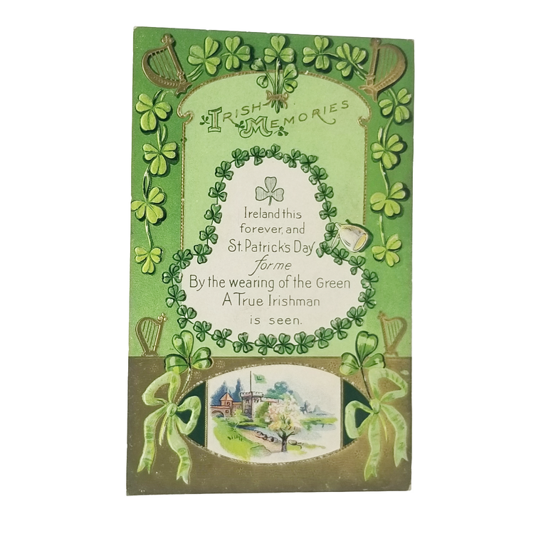 Vintage Saint Patrick's Day Postcard Hat In Clover Border Castle in Gold Background