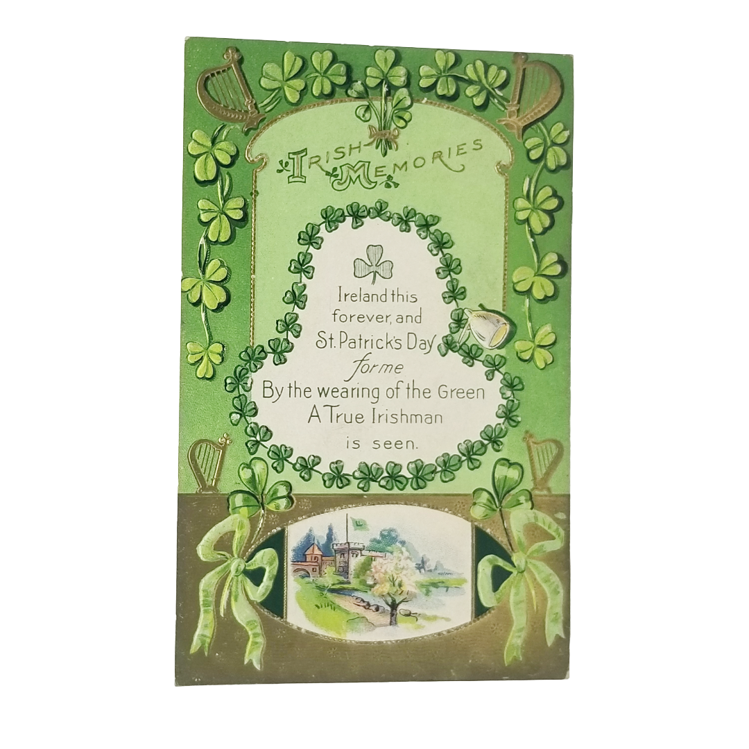 Vintage Saint Patrick's Day Postcard Hat In Clover Border Castle in Gold Background