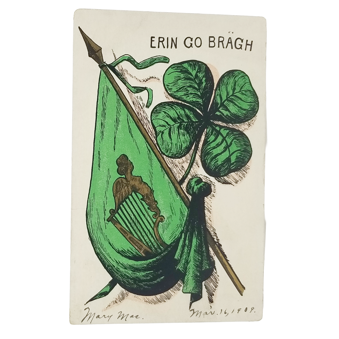 Vintage Saint Patrick's Day Postcard Green Shamrock Clover w/Flag