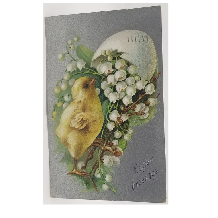 Easter Postcard Tuck Yellow Chick w/Lillies of the Valley Egg Silver Background