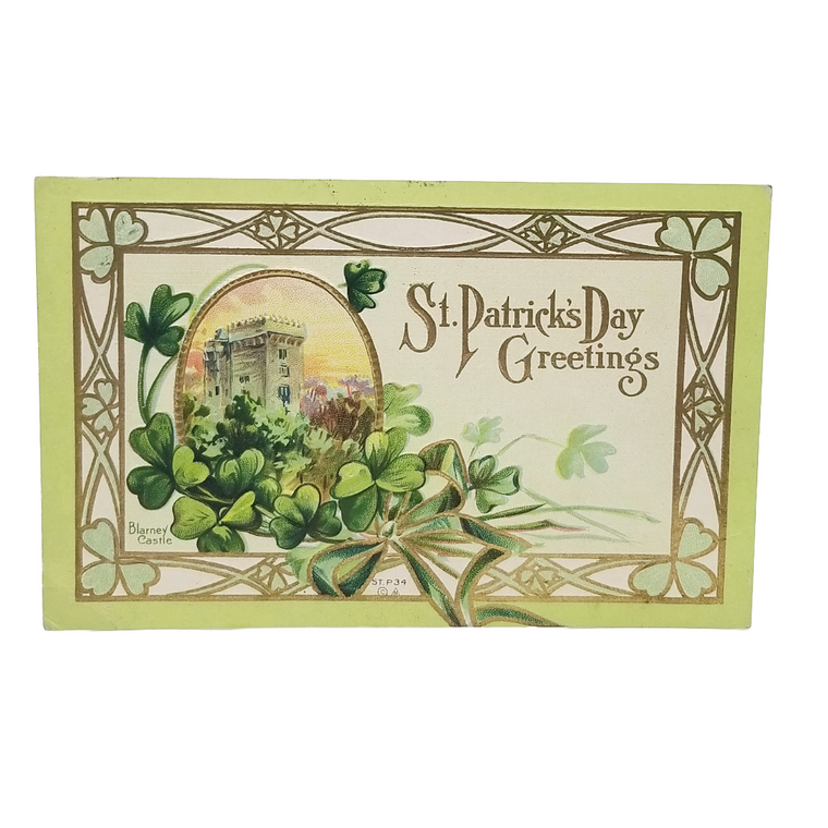 Vintage Saint Patrick's Day Postcard Blarney Castle in Shamrock Border Green Backround