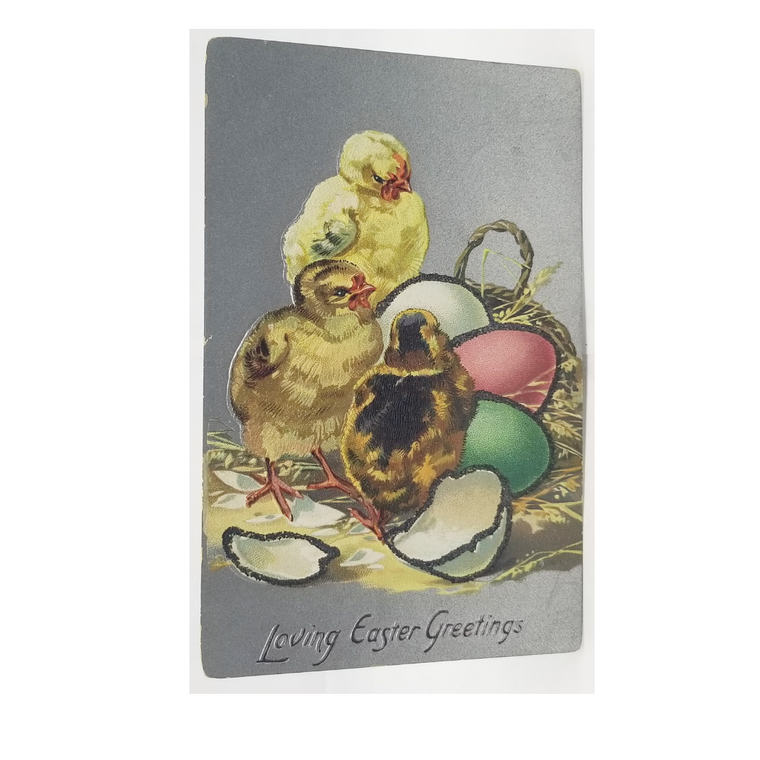 Easter Postcard Tuck Baby Chicks w/Colorful Eggs Basket Glitter Applied Silver Background