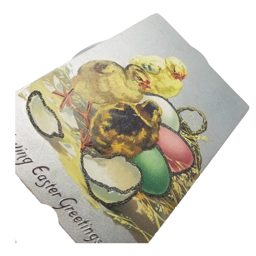 Easter Postcard Tuck Baby Chicks w/Colorful Eggs Basket Glitter Applied Silver Background