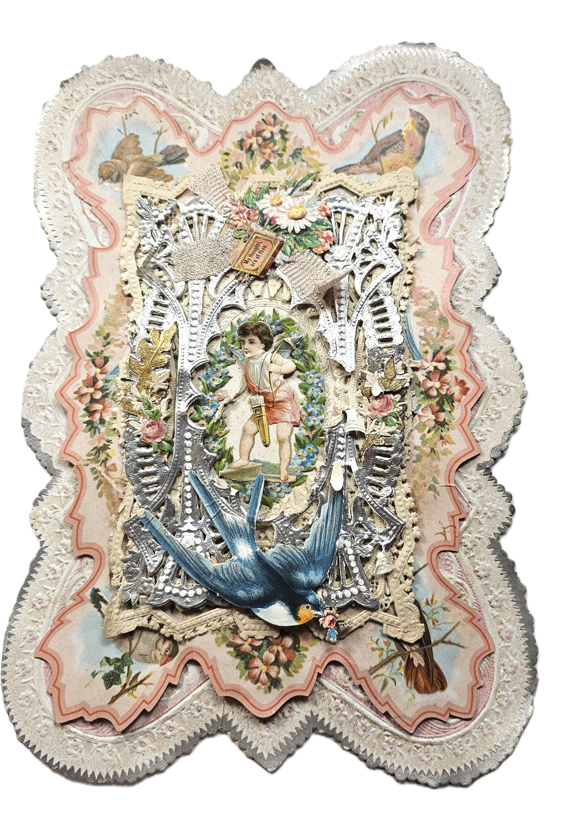 LARGE Vintage Antique Die Cut 1800s Valentine Card Chromolitho with Embossed Paper Lace Silver Foil Cupids and Birds