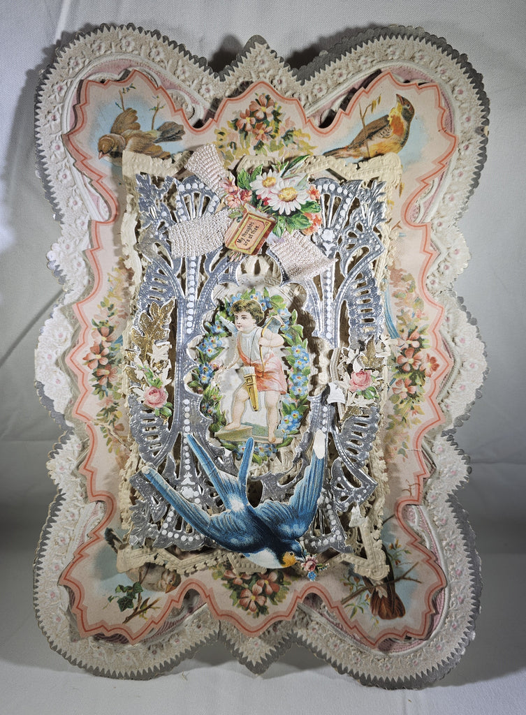 LARGE Vintage Antique Die Cut 1800s Valentine Card Chromolitho with Embossed Paper Lace Silver Foil Cupids and Birds