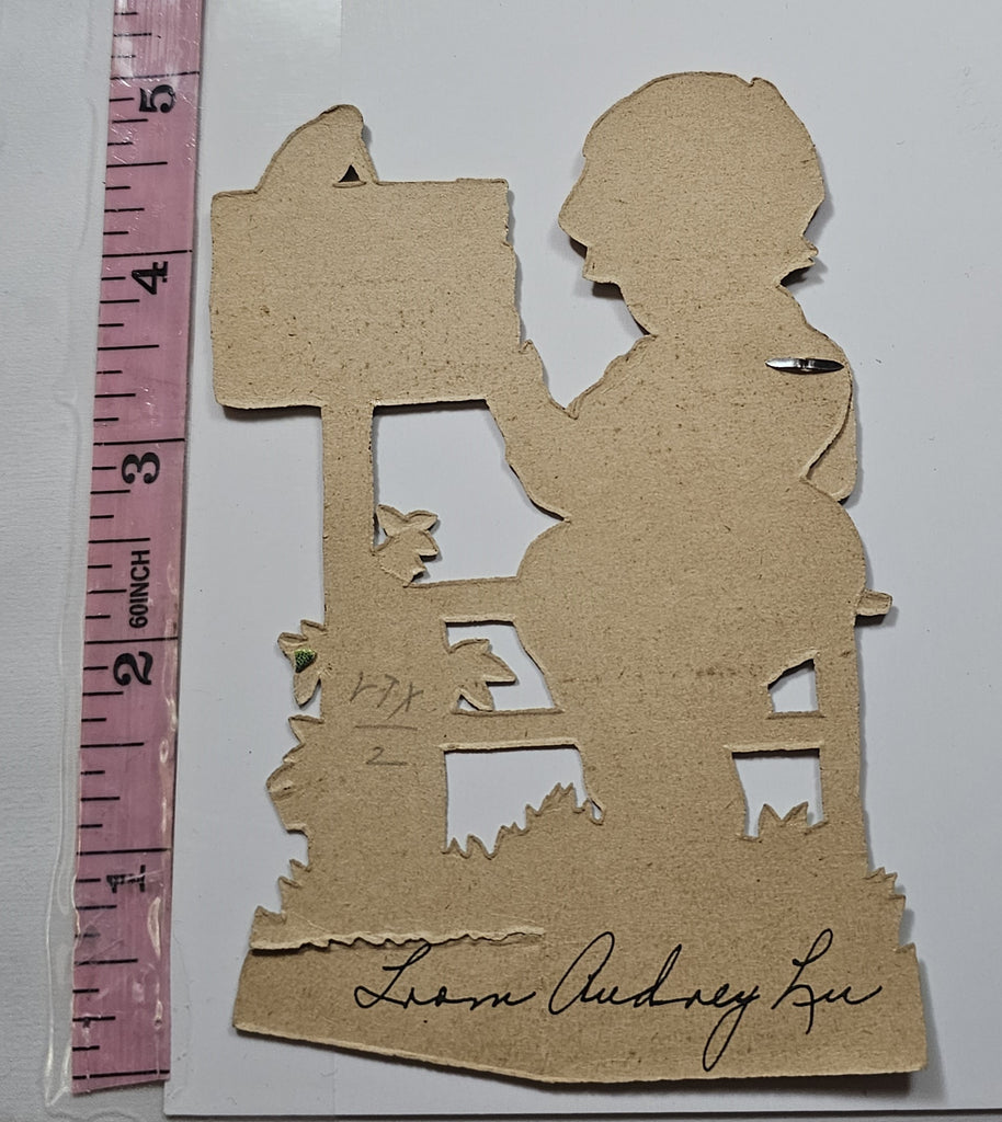 Vintage Antique Die Cut Mechanical Valentine Card with Boy on Fence and Bird on Sign