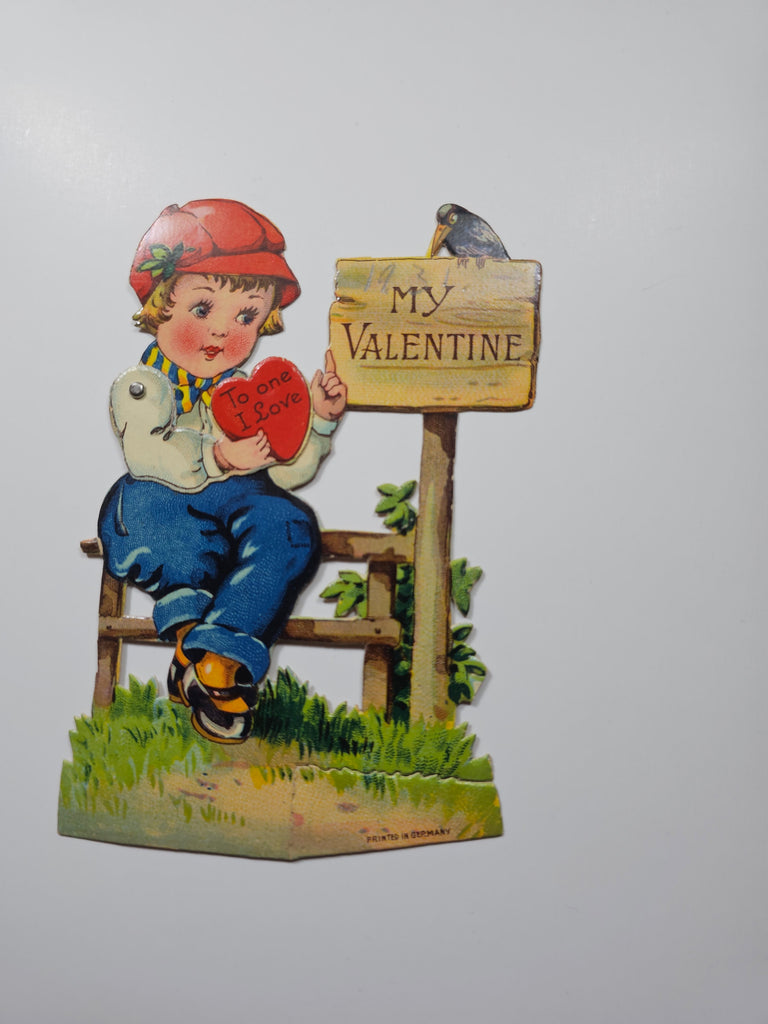 Vintage Antique Die Cut Mechanical Valentine Card with Boy on Fence and Bird on Sign