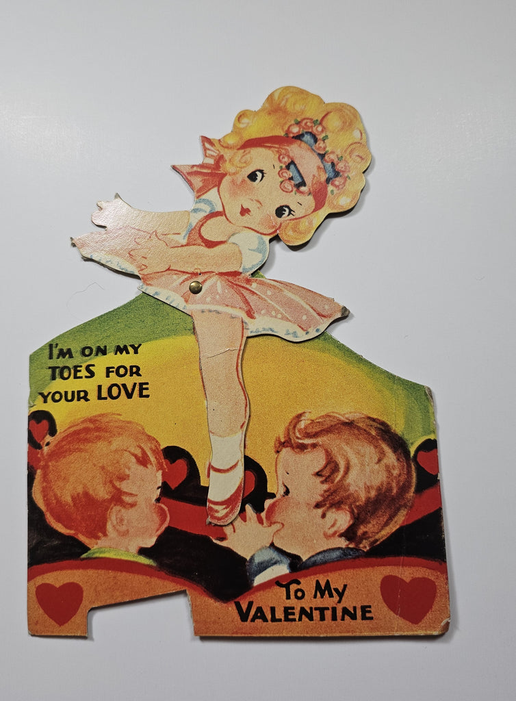 Vintage Antique Die Cut Mechanical Valentine Card 1930s Ballerina Dancer with Boys in Audience