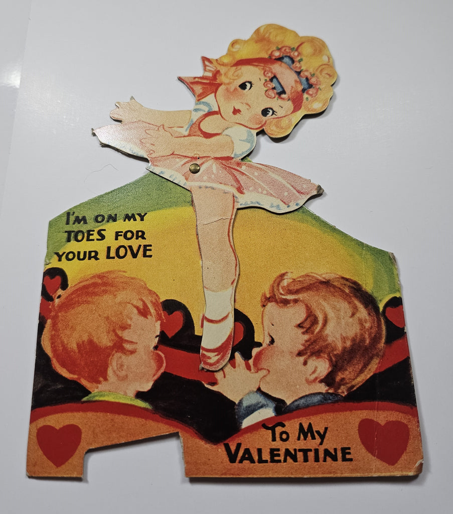 Vintage Antique Die Cut Mechanical Valentine Card 1930s Ballerina Dancer with Boys in Audience