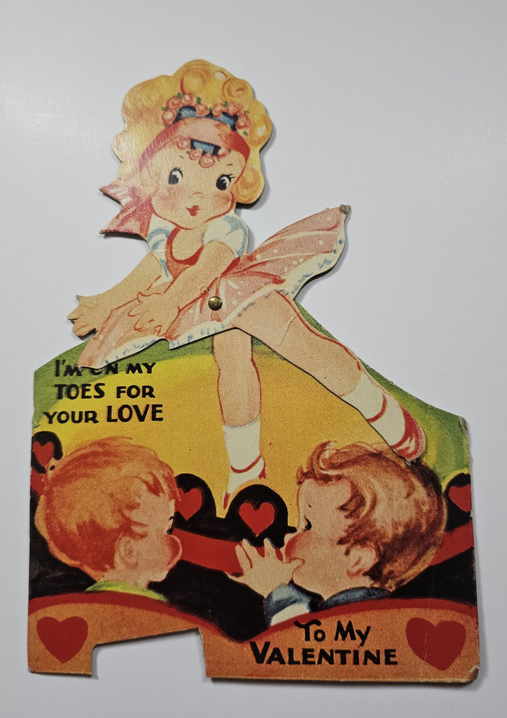 Vintage Antique Die Cut Mechanical Valentine Card 1930s Ballerina Dancer with Boys in Audience