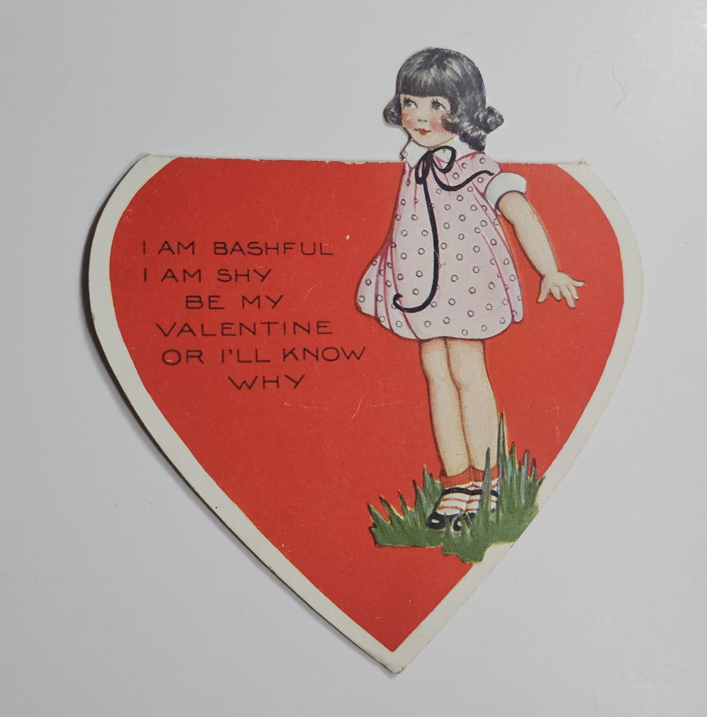 Vintage Antique Die Cut Valentine Card Little Girl in Pink Dress Standing in Giant Red Heart Pop Up Top Style