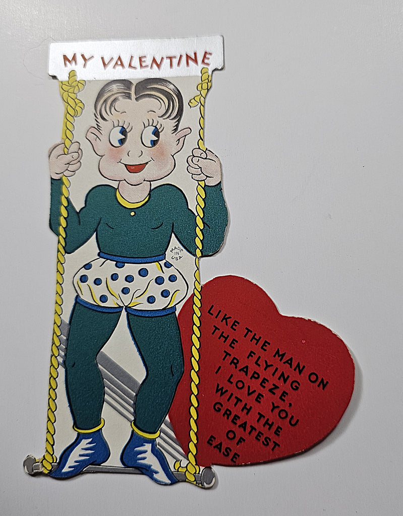 Vintage Antique Die Cut Valentine Card Flying Trapeze Man with Heart and Rhyme