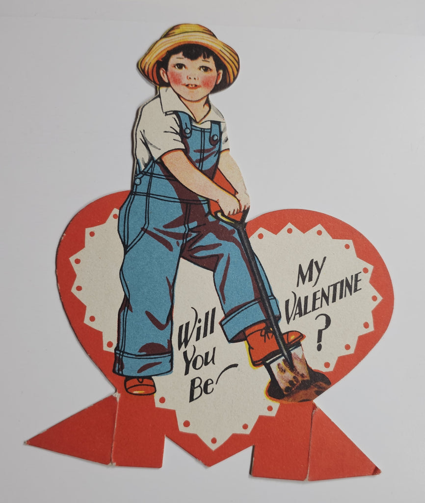 Vintage Antique Die Cut Valentine Card Boy in Overall Blue Suspenders & Straw hat Digging with Giant Heart in Back