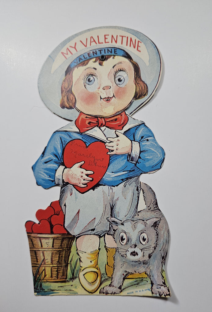 Vintage Antique Die Cut Mechanical Valentine Card Artist R. F. Outcault Boy with Moving Eyes Basket of Hearts and Scared Cat