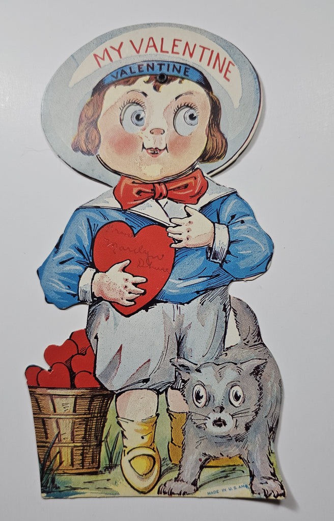 Vintage Antique Die Cut Mechanical Valentine Card Artist R. F. Outcault Boy with Moving Eyes Basket of Hearts and Scared Cat