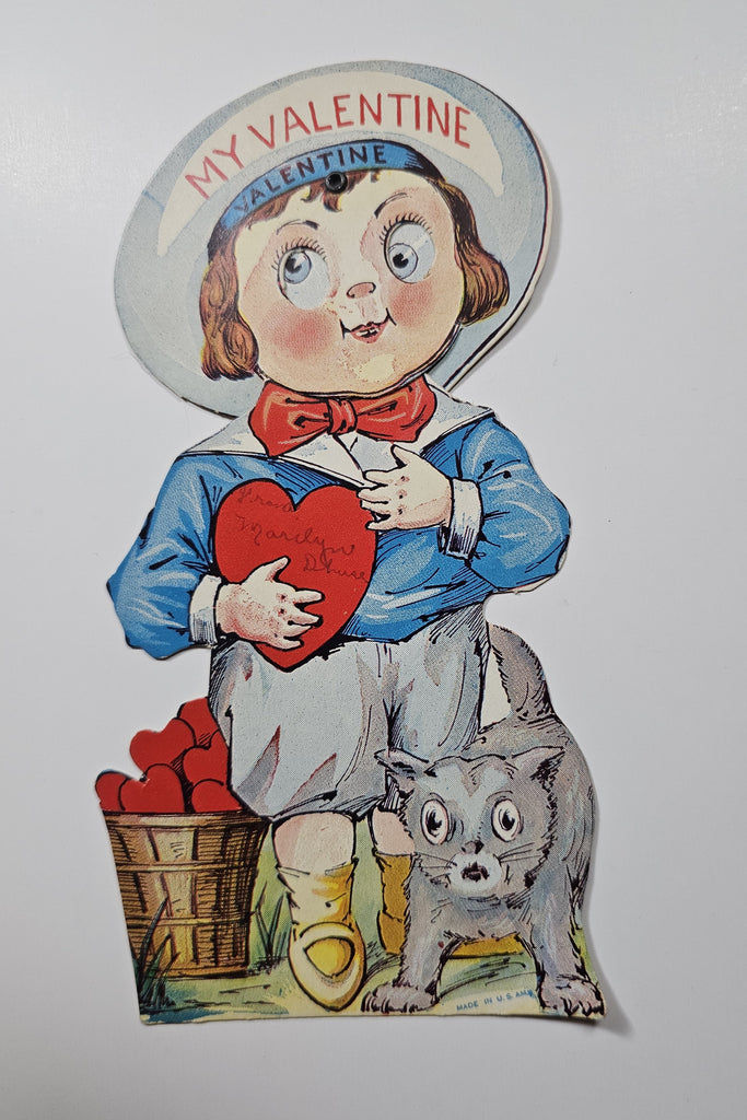 Vintage Antique Die Cut Mechanical Valentine Card Artist R. F. Outcault Boy with Moving Eyes Basket of Hearts and Scared Cat