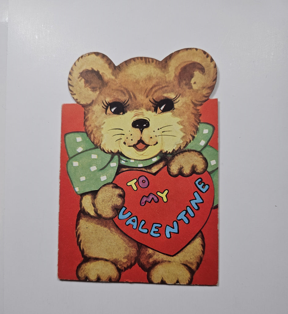 Vintage Antique Die Cut Valentine Card Teddy Bear in Bow Holding Giant Heart