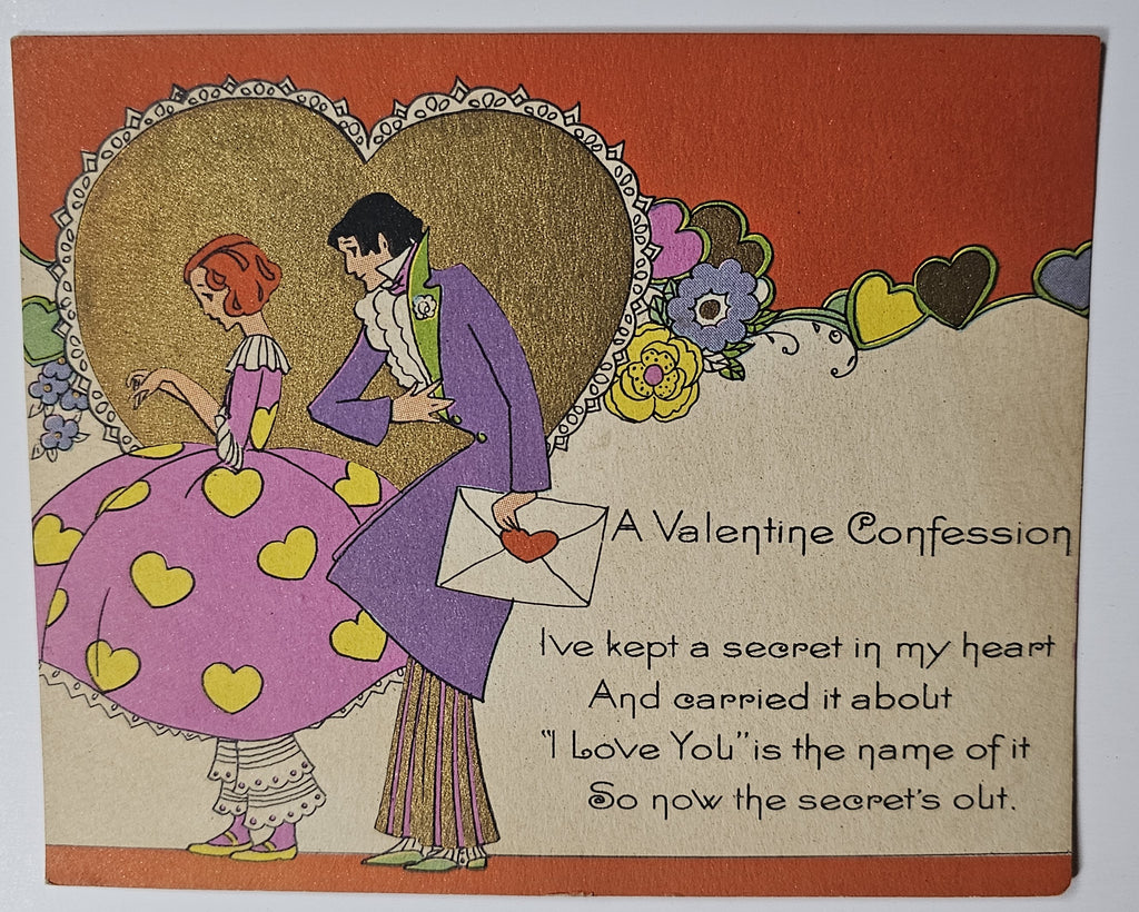 Antique Art Deco Valentines Day Card Courting Couple in Pink & Purple Metallic Gold Heart Carrington 1930s Vintage Valentine