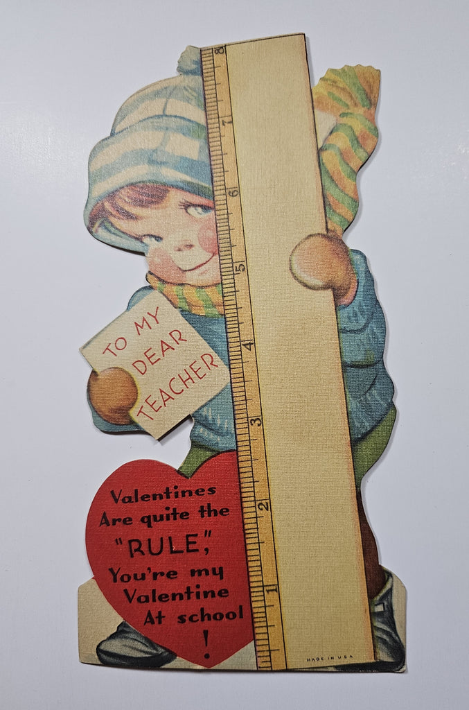 Vintage Antique Die Cut Valentine Card Little Boy Hiding Behind Giant Ruler with Cute Rhyme "To My Dear Teacher" Artist Charles Twelvetrees