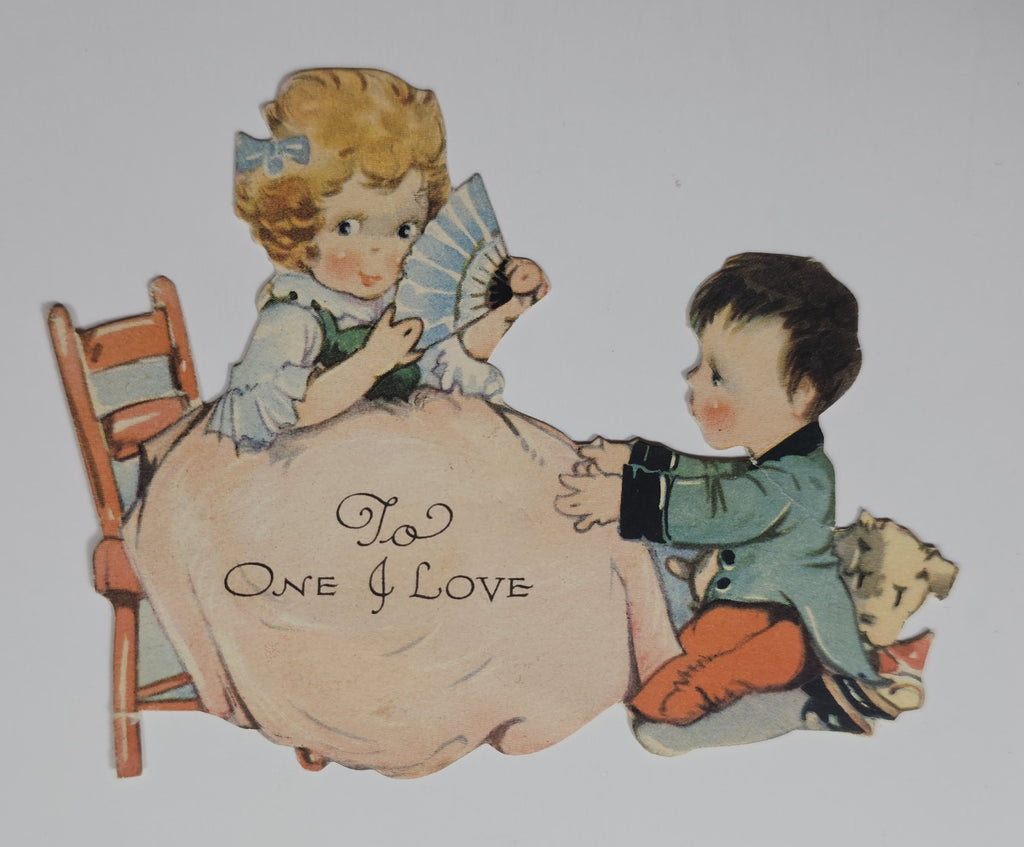 Vintage Antique Die Cut Valentine Card Little Boy on Bended Knee for Girl in Dress Puppy Dog Hiding Artist Charles Twelvetrees