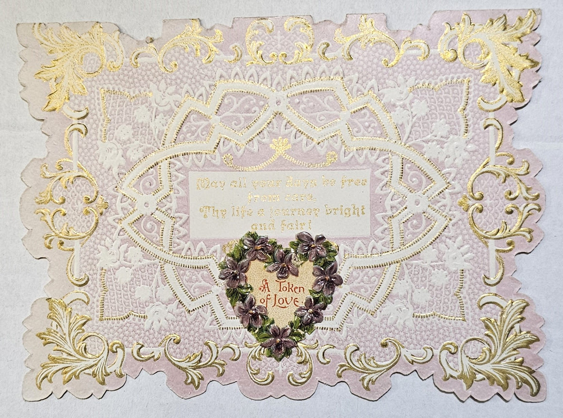 Vintage Antique Die Cut 1800s Valentine Card Chromolitho with Embossed Pink & Gold Scroll and Applied Victorian Scrap